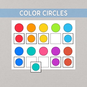 May include: A printable educational sheet titled COLOR CIRCLES featuring two rows of coloured circles and corresponding square frames. Some squares are empty, while others contain matching circles in red, orange, yellow, green, blue, and purple.