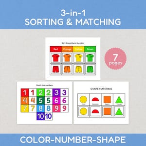 Op de afbeelding: Educatief 3-in-1 sorteer- en matchingspel. Bevat kleursortering met rode, oranje, gele en groene kleding. Inclusief getallen matchen van 1 tot 10 en vorm matchen. De tekst op de afbeelding zegt "7 pagina's".