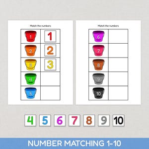 Może przedstawiać: Dwa arkusze do dopasowywania liczb. Każdy arkusz zawiera kolorowe wiadra z numerami od 1 do 5 i od 6 do 10. Poniżej arkuszy znajdują się pojedyncze karty z numerami. Tekst "NUMBER MATCHING 1-10" znajduje się na dole.