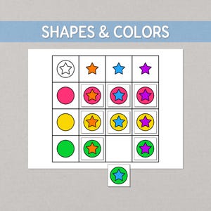 May include: A grid-based educational worksheet titled SHAPES & COLOURS featuring a 4x4 matrix of circles and stars in various colours including orange, blue, purple, pink, yellow, and green, with one loose square tile showing a blue star in a green circle.