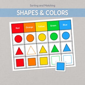 May include: A colorful sorting and matching game with the text "Shapes & Colors." The game features a grid with red, orange, yellow, green, and blue squares. Each color has a circle, triangle, and square. A detached blue square is at the bottom.