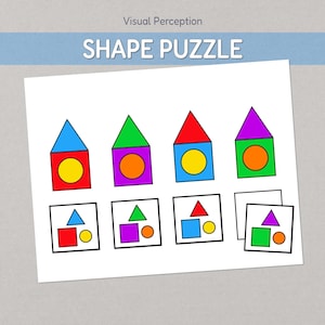 May include: A white sheet with a shape puzzle featuring colourful houses and matching shapes. The houses have a red, blue, green, and purple roof with a yellow or orange circle. The text "Shape Puzzle" is at the top.