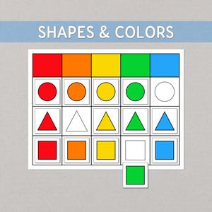 Op de afbeelding: Een leerkaart met de titel SHAPES & COLORS met een raster van rode, oranje, gele, groene en blauwe vierkanten, cirkels en driehoeken. Sommige vormen zijn ingekleurd, andere zijn omtrekken. Een los groen vierkant bevindt zich onder het raster.