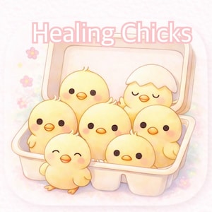 以下が含まれることがあります： 卵パックに入った7羽の黄色いヒヨコのイラスト。ヒヨコは黒い目とオレンジ色のくちばしをしています。1羽のヒヨコが卵から孵化しています。「Healing Chicks」の文字がピンク色でパックの上にあります。
