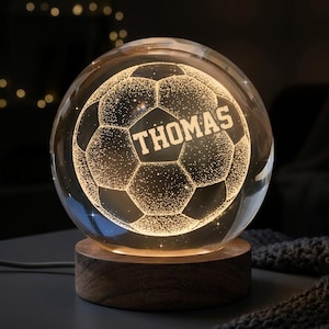 Personalized Soccer Crystal Ball Night Light, Custom LED Lamp with Name, Engraved Soccer Ball Gift, Kids Teens Room Decor