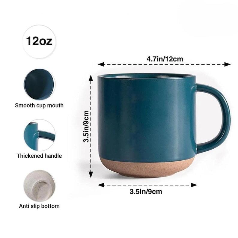 May include: A teal ceramic mug with a 12oz capacity, 9cm base, and 12cm diameter. Features a smooth cup mouth, thickened handle, and an anti-slip bottom. The mug has a two-tone design with a tan base.
