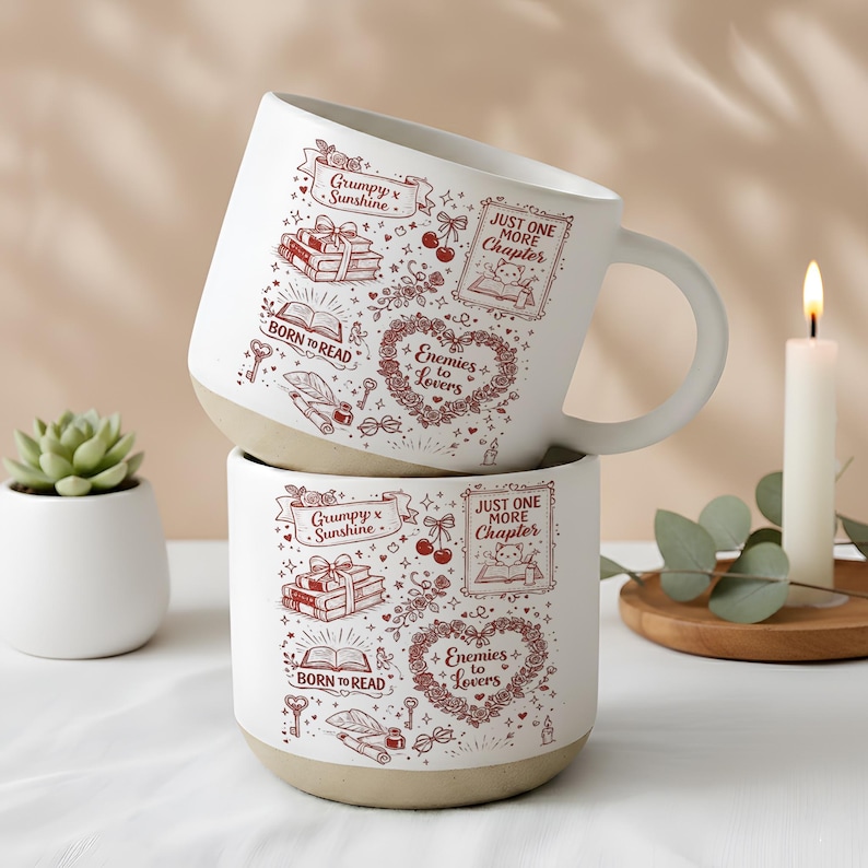 Book Lover Pottery Mug, Romance Tropes Ceramic Cup, Enemies to Lovers Grumpy Sunshine Mug, Cozy Reading Gift for Readers, BookTok Mug image 2
