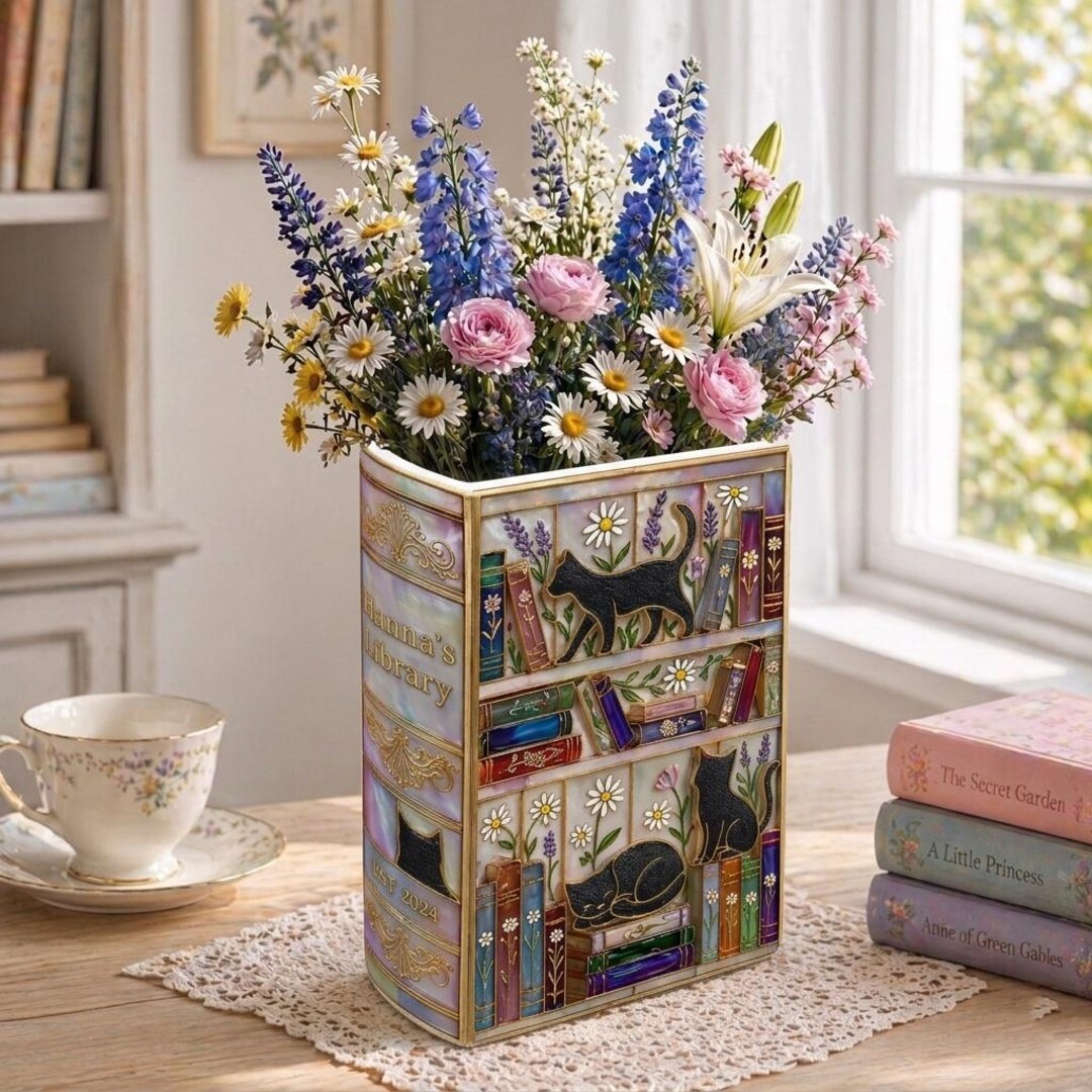 Personalized Cat Library Book Vase, Stained Glass Bookish Decor Gift ...