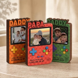 Personalized Father’s Day Gift for Gamer Dad, Custom Photo Game Console Frame, Daddy Papa Wooden Sign, Gaming Dad Room Decor