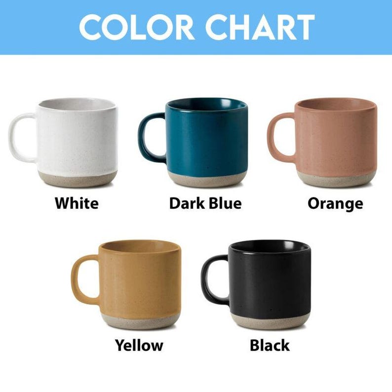May include: A colour chart showing five ceramic mugs in white, dark blue, orange, yellow, and black. Each mug has a matching handle and a light-coloured base. The text "COLOR CHART" is at the top.