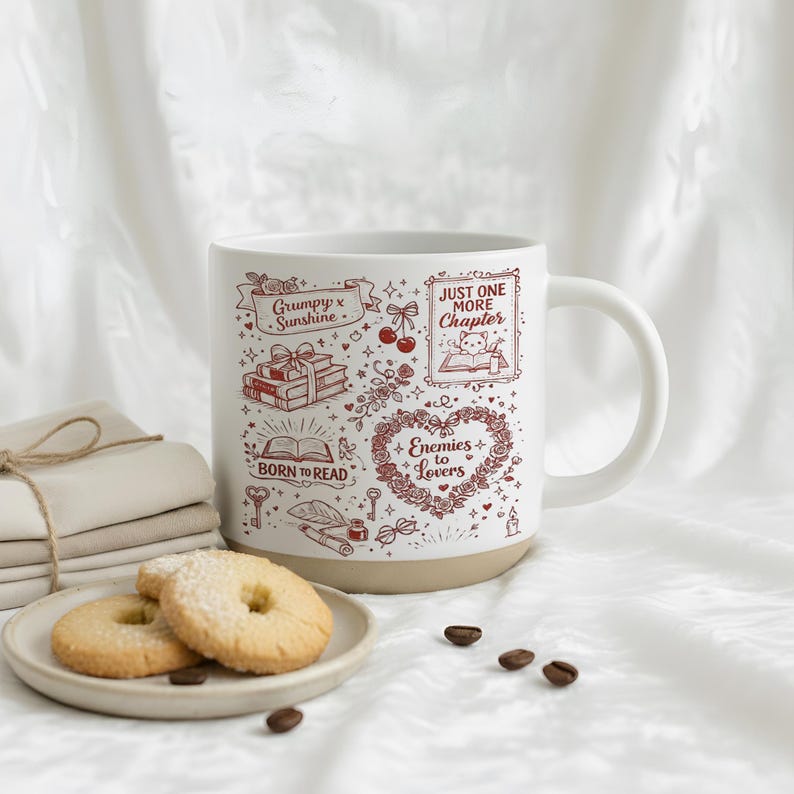 Book Lover Pottery Mug, Romance Tropes Ceramic Cup, Enemies to Lovers Grumpy Sunshine Mug, Cozy Reading Gift for Readers, BookTok Mug image 3