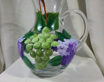 Green Grapes and Purple Hydrangeas Wine Carafe Hand Painted