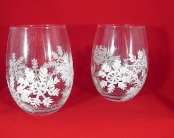 Stemless Snowflake Wine Glasses Hand Painted