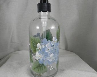 Blue Hydrangeas On a Glass Soap/Lotion Dispenser