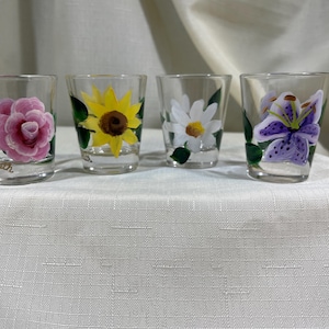 Lily, Rose, Daisy Shot Glasses Set of 4 Hand Painting