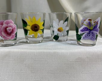 Lily, Rose, Daisy Shot Glasses Set of 4 Hand Painting