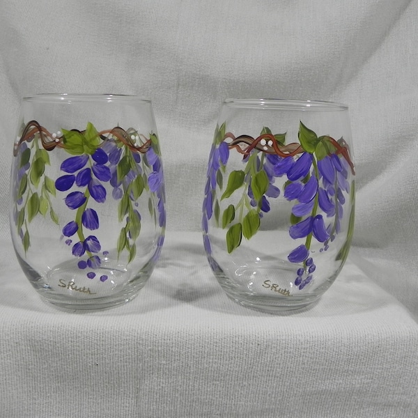 Wisteria Hand Painted Stemless Wine Glass Set of 2