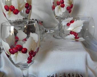 Red Berries and White and Gold Poinsettia Leaves Hand Painted on A Water Goblet