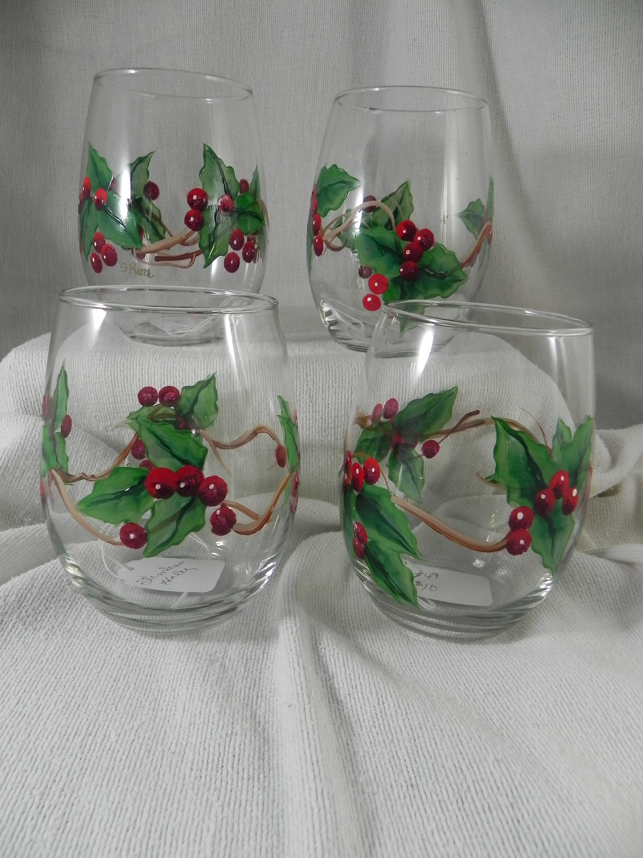 Christmas Wine Glasses - Set of 2 Stemless - Hand Painted - Holly and Berry