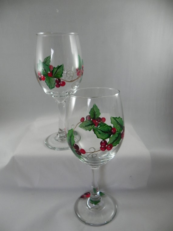 Christmas Wine Glasses - Set of 2 Stemless - Hand Painted - Holly