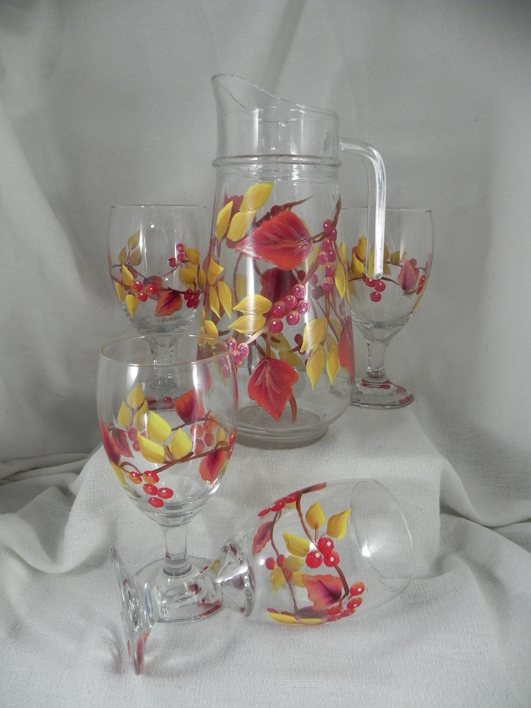 Autumn Water Goblets With Matching Pitcher Hand Painted - Etsy