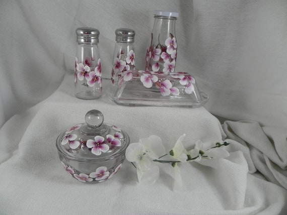 Hand Painted  Cherry Blossom Sugar Bowl, Creamer, Butter Dish, Salt&Pepper Set