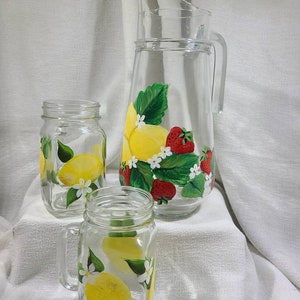Lemons and Strawberries Pitcher Set with Mason Jars Hand Painted