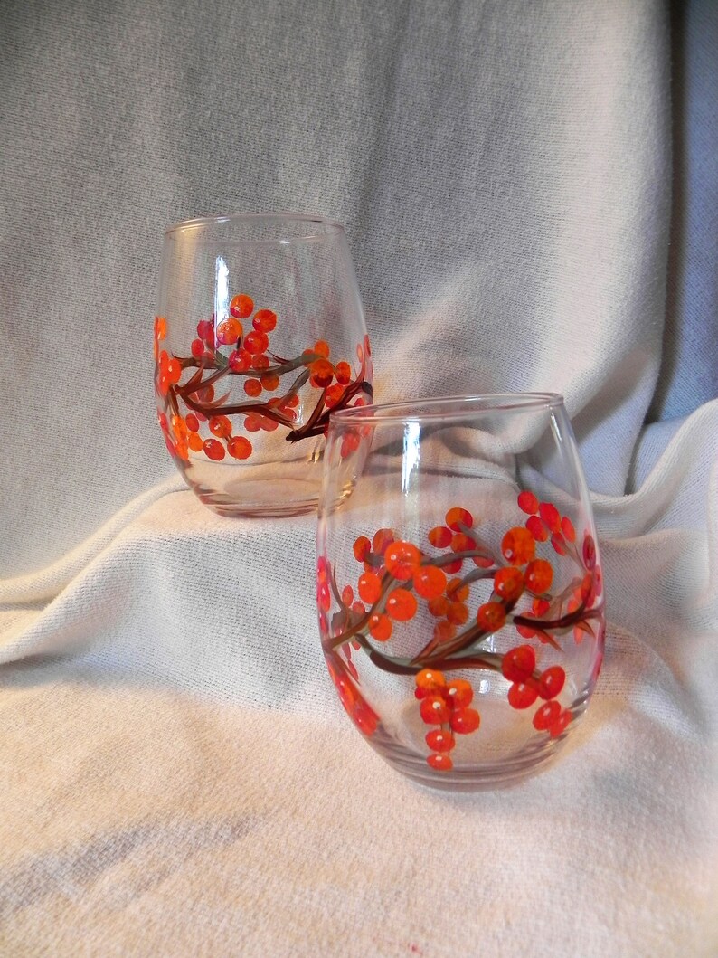 Hand Painted Bittersweet Berry Fall Stemless Wine Glass Etsy
