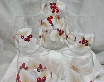 Poinsettia Gold and White Leaves with Red Berries on A 5 Piece Wine Carafe Set Hand Painted
