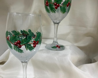 Red Winterberry and Pearl Wine Glass Set of 2