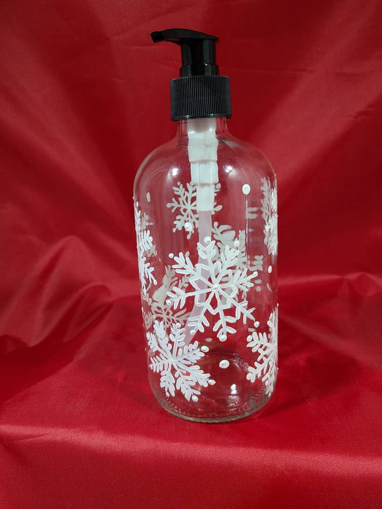 Snowflake Soap and Lotion Dispenser Glass 16oz. Hand Painted