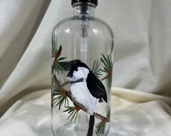 Chickadee Soap/ Lotion 16oz. Glass Dispenser Hand Painted