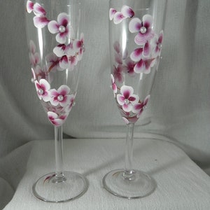 Cherry Blossoms Hand Painted On A Champagne Flute With Pearls or Without Pearls