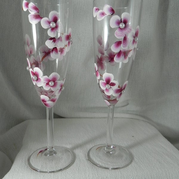 Cherry Blossoms Hand Painted On A Champagne Flute With Pearls