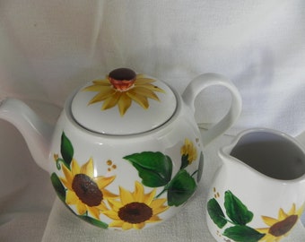 Sunflower 4 Piece Tea Service Set, Hand Painted with Sugar Packet Holder