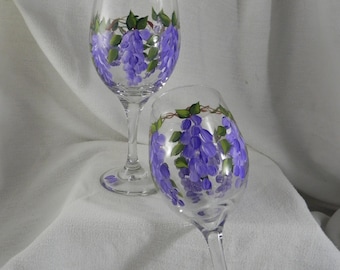 Wisteria Hand Painted on A Large White Wine Glass