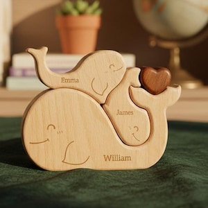 Wooden Whale Family Puzzle, Personalized Names Animal Gift, Personalized Names Family Decor, Mother Father Gift, Anniversary Birthday Gift