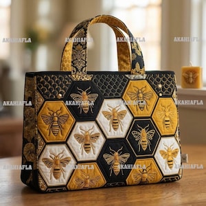 May include: A black, gold, and white tote bag with a bee-themed design. The bag features a honeycomb pattern with embroidered bees on the front. The handles and trim have a gold floral pattern. The bag is a square shape.