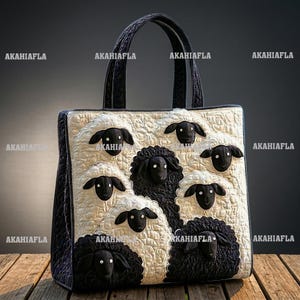 Op de afbeelding: Gewatteerde draagtas met een schapenontwerp. De tas heeft een crèmekleurige achtergrond met zwart-witte schapenapplicaties. De handvatten en zijkanten zijn zwart. De tas staat op een houten oppervlak.