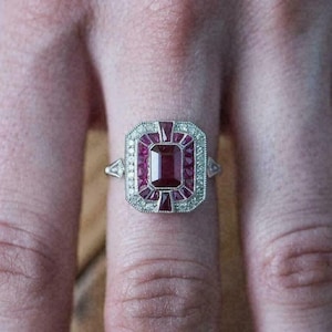 Anillo de compromiso Art Déco retro vintage de la década de 1880 con rubí y diamante de 2,00 quilates en plata de ley 935 Argentium. Anillos antiguos para mujer.