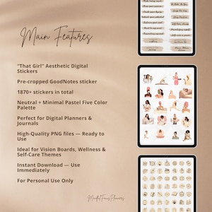 May include: Digital stickers for planners and journals. The image shows three tablets displaying digital stickers. The stickers are in a neutral pastel colour palette and include images of yoga poses, self-care icons, and inspirational quotes. The text on the image says "That Girl" Aesthetic Digital Stickers.