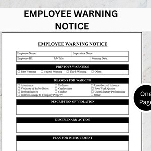 May include: An employee warning notice template with fields for employee information, previous warnings, reasons for the warning, and disciplinary action. The document includes the text "EMPLOYEE WARNING NOTICE" at the top. Icons for Word, Doc, and PDF files are on the left.