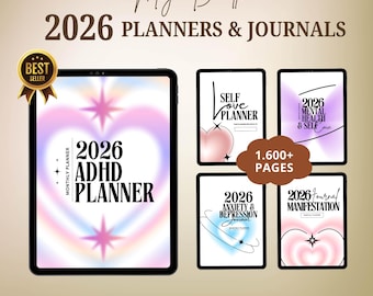 Może przedstawiać: Cyfrowy pakiet planerów i dzienników na rok 2026. Główny planer oznaczony jest jako "2026 ADHD Planner". Inne dzienniki to "Self Love Planner", "2026 Mental Health & Self Care", "2026 Anxiety & Depression Journal" i "2026 Journal Manifestation". Pakiet zawiera ponad 1600 stron.