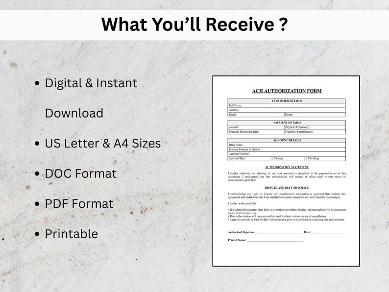 Editable ACH Authorization Form Template for Small Business (word, PDF ...