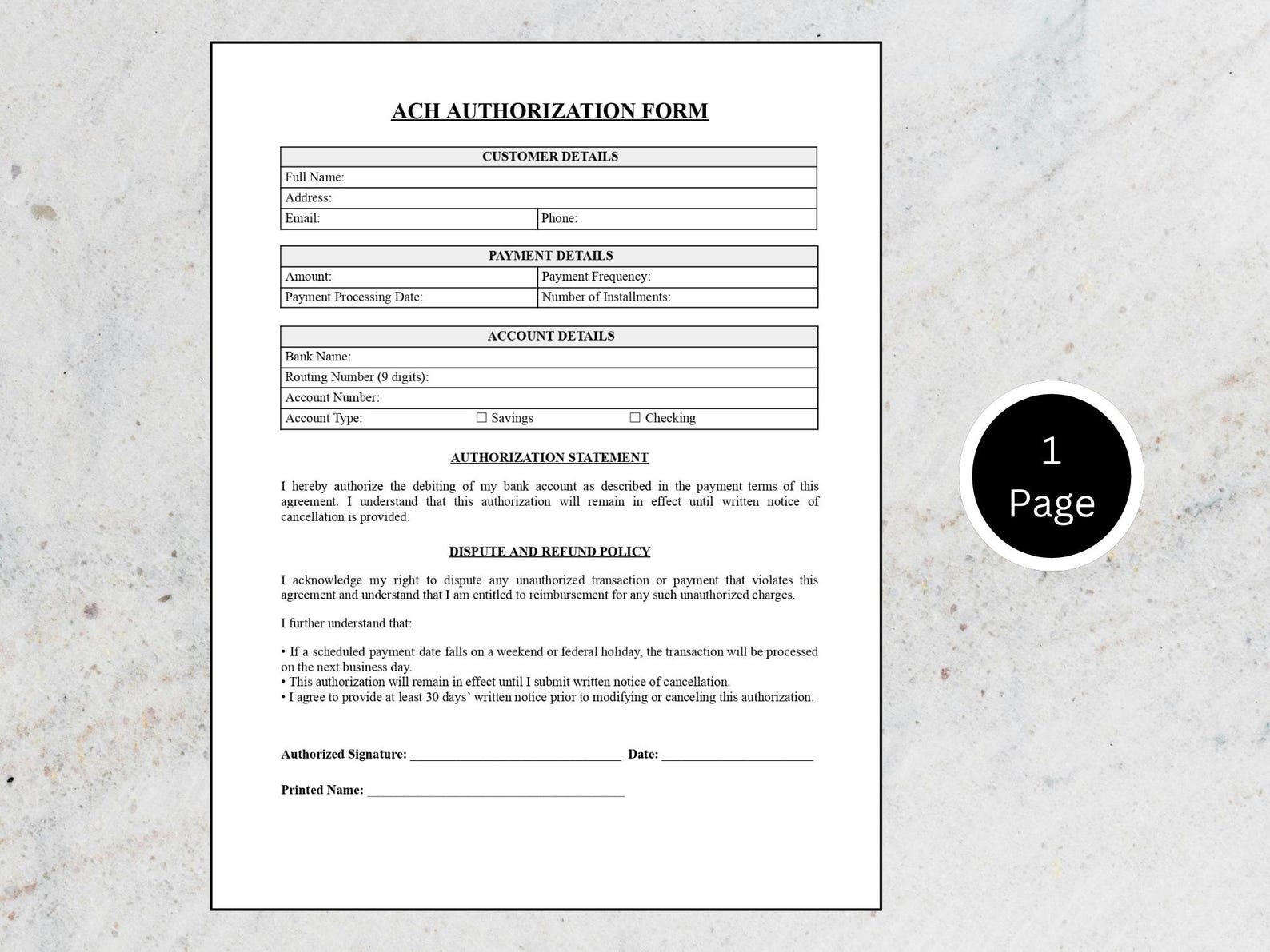 Editable ACH Authorization Form Template for Small Business (word, PDF ...