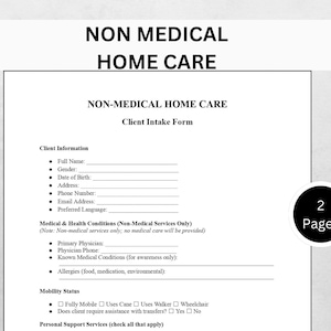 Könnte beinhalten: Ein Formular für "Nicht-medizinische häusliche Pflege" mit Abschnitten für Kundendaten, Gesundheitszustand und Mobilität. Enthält PDF-, Word- und Doc-Symbole. Ein schwarzer Kreis zeigt "2 Seiten" an.