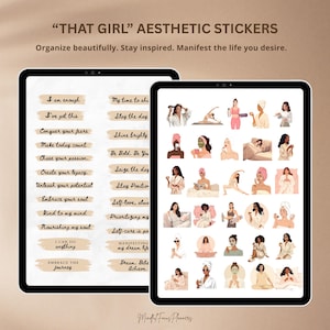 May include: Aesthetic sticker set with the text "THAT GIRL" and inspirational quotes. The stickers feature illustrations of women in self-care activities. The stickers are designed to help organise, stay inspired, and manifest goals.
