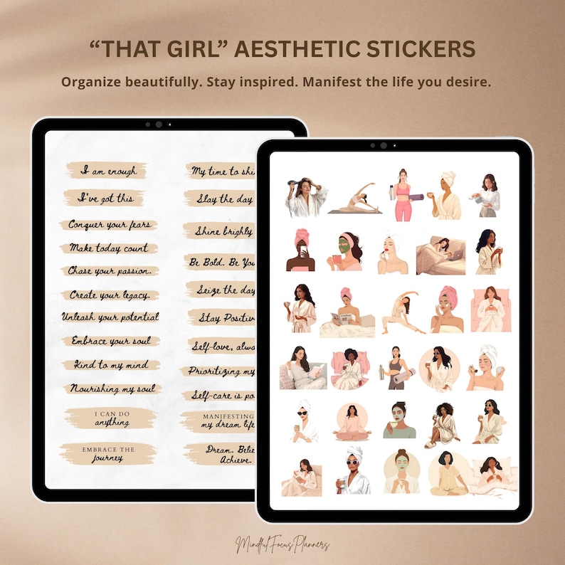 May include: Aesthetic sticker set with the text "THAT GIRL" and inspirational quotes. The stickers feature illustrations of women in self-care activities. The stickers are designed to help organise, stay inspired, and manifest goals.