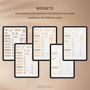 May include: Five digital planner widgets are shown on tablets. The widgets feature a range of shapes and designs in neutral colours, including beige, cream, and gold. The text at the top reads "WIDGETS" and "Stay inspired, stay organized and achieve all your goals."