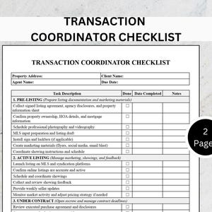 Pode incluir: Uma lista de verificação do coordenador de transações intitulada "Transaction Coordinator Checklist". A lista de verificação inclui seções para tarefas de pré-listagem, listagem ativa e sob contrato. Ícones para arquivos Word, Doc e PDF são visíveis.